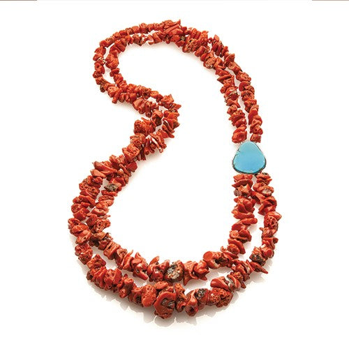 Collier en Corail - 2 rangées morceaux bruts et plaque turquoise