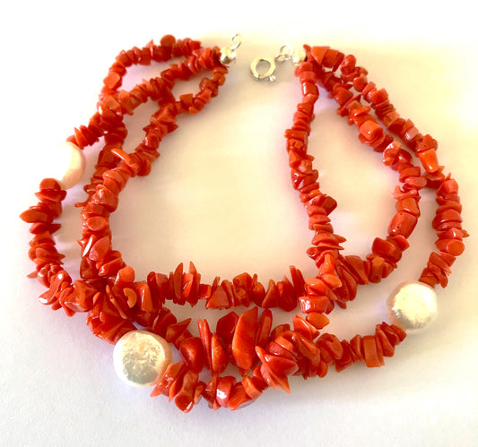 Bracelet en Corail - 3 rangées morceaux et perles